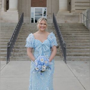 Sherri Hill Light Blue Floral Lace Dress